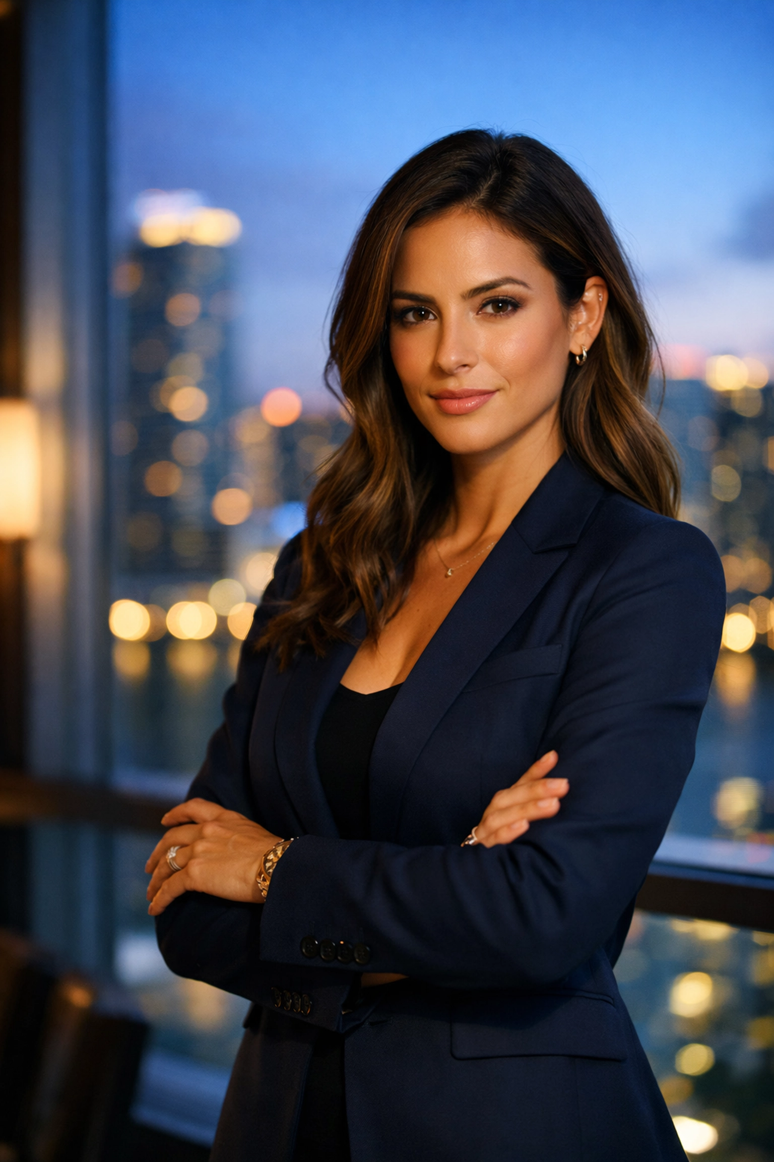 Professional headshot of a female entrepreneur in a Brickell Miami office with skyline views.