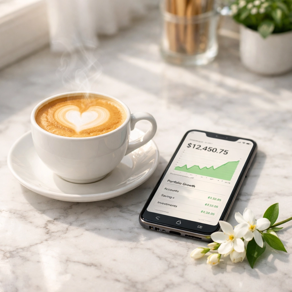 Starting a wedding savings account on a smartphone while enjoying a morning coffee.