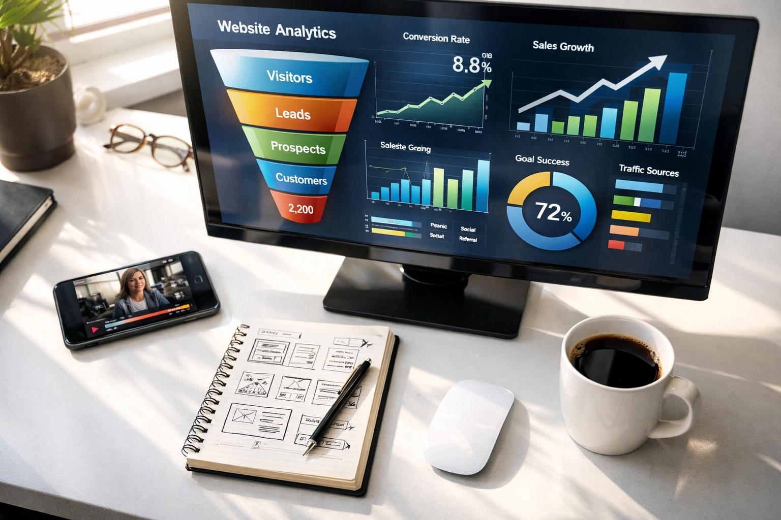 Video marketing strategy workspace with analytics, wireframes, and integrated planning