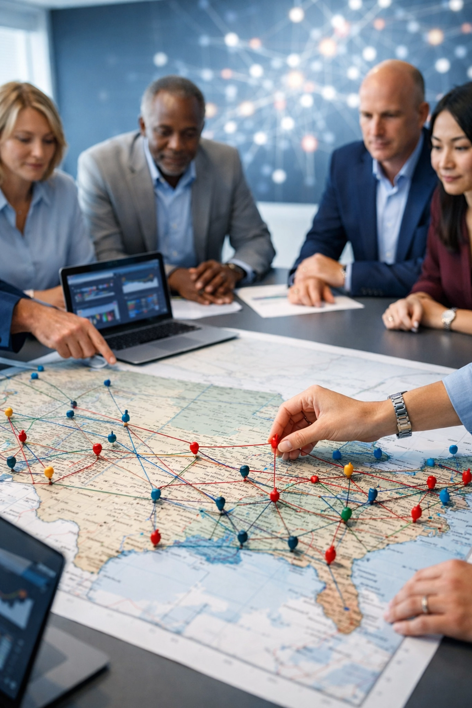 Business executives planning a national workforce infrastructure strategy on a map of the United States.