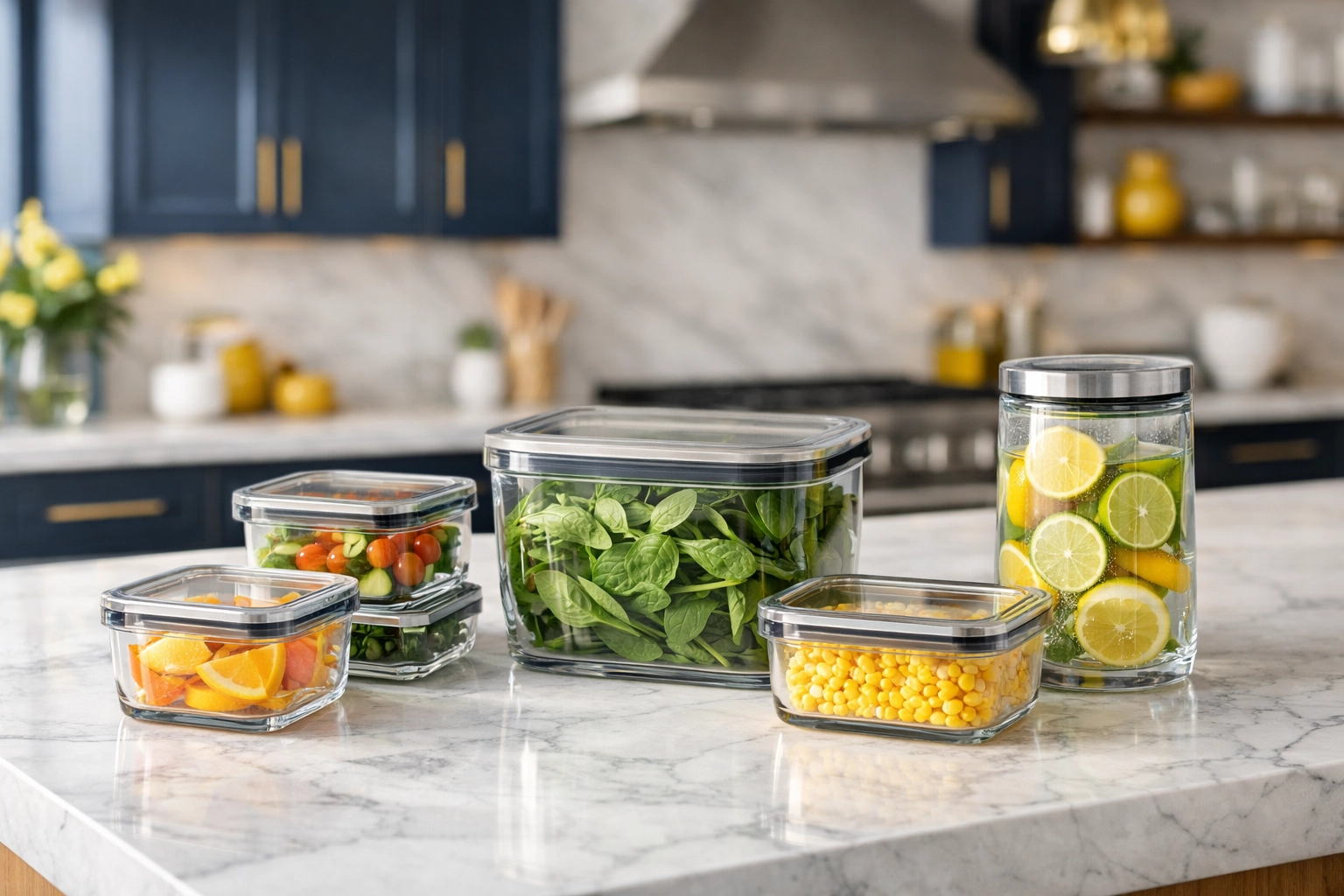 Clear glass food storage containers on a white marble island, a stain-proof alternative to plastic.