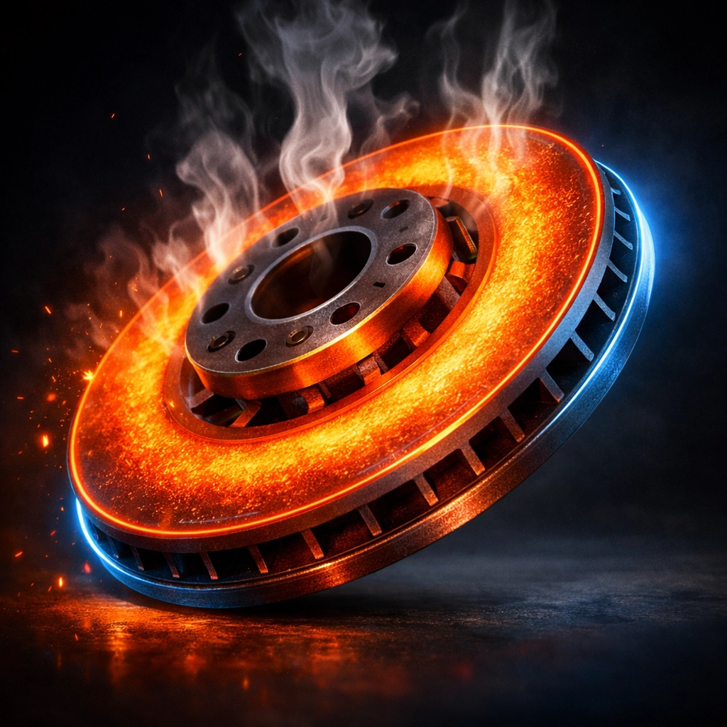 Overheated brake rotor showing thermal damage that causes pedal vibrations and warped parts.