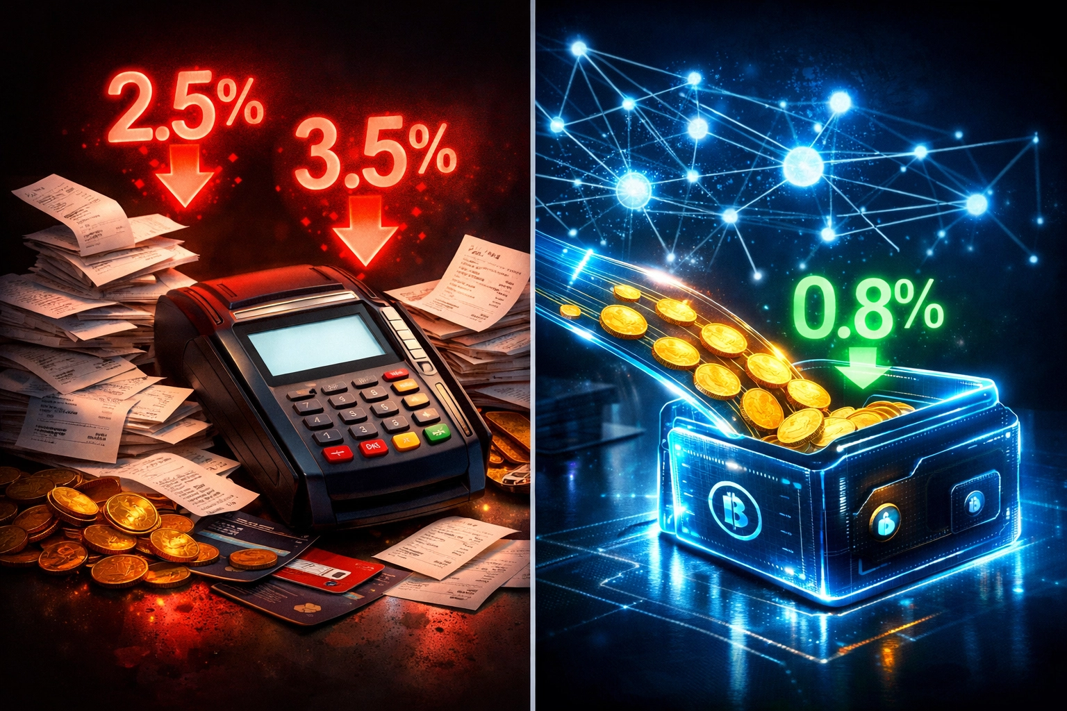 Traditional merchant fees vs Web3 blockchain payment costs comparison showing fee reduction
