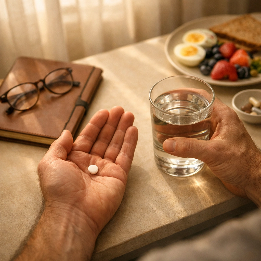 Férfi gyógyszert tart kezében - merevedési zavar kezelési döntés holisztikus megközelítéssel