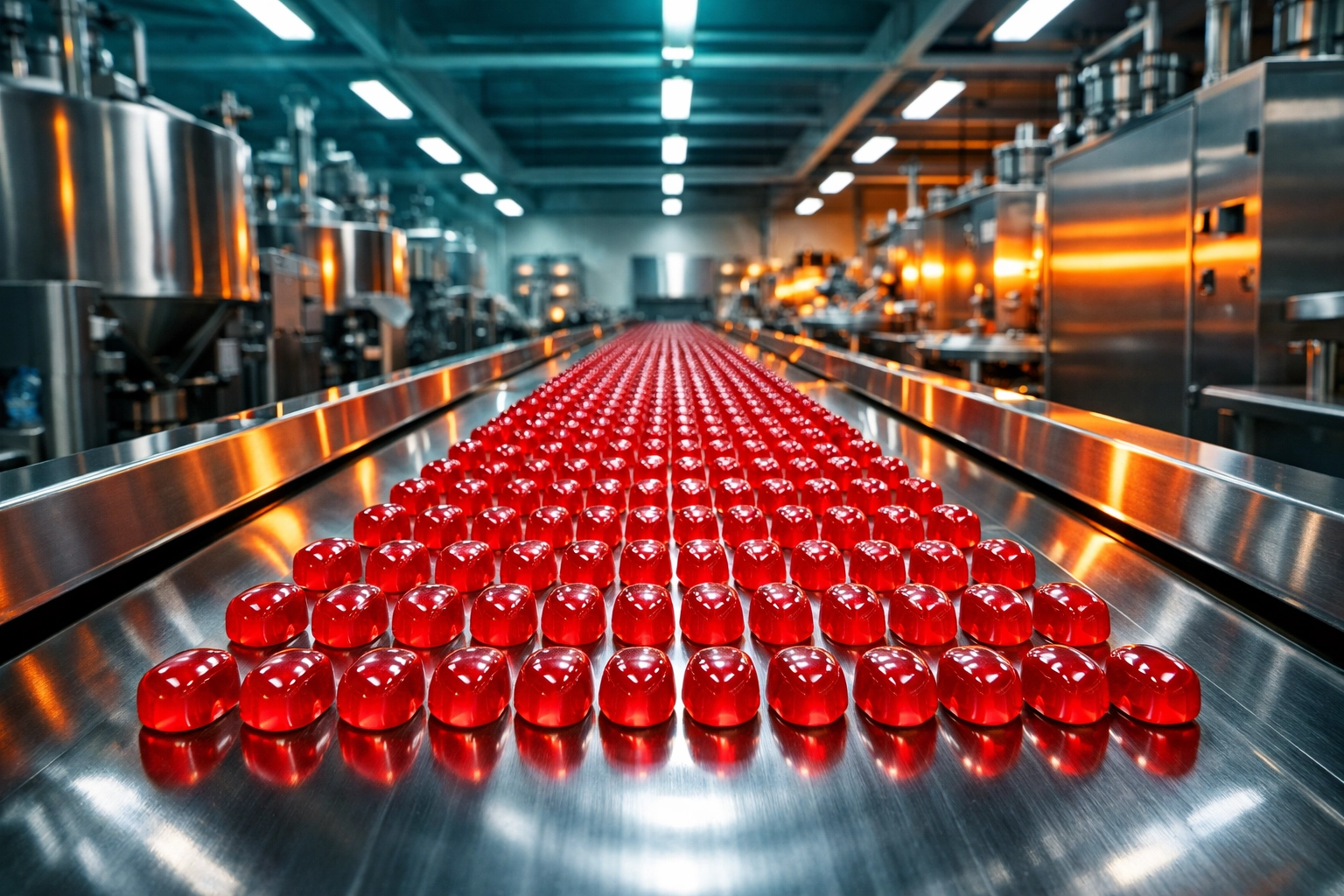 A professional gummy supplement production line in a modern GMP-certified manufacturing facility.