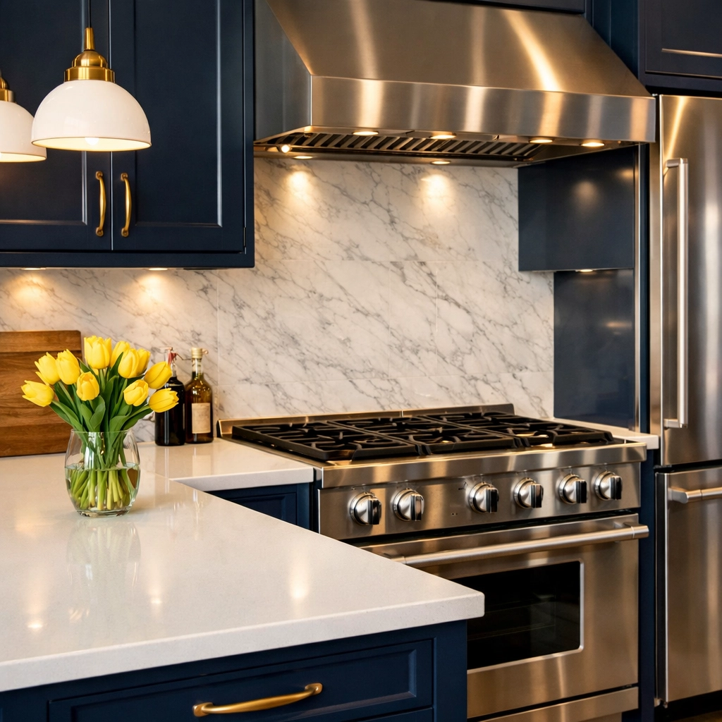 Professional deep cleaning Lowell services revealing spotless quartz countertops and shiny appliances.