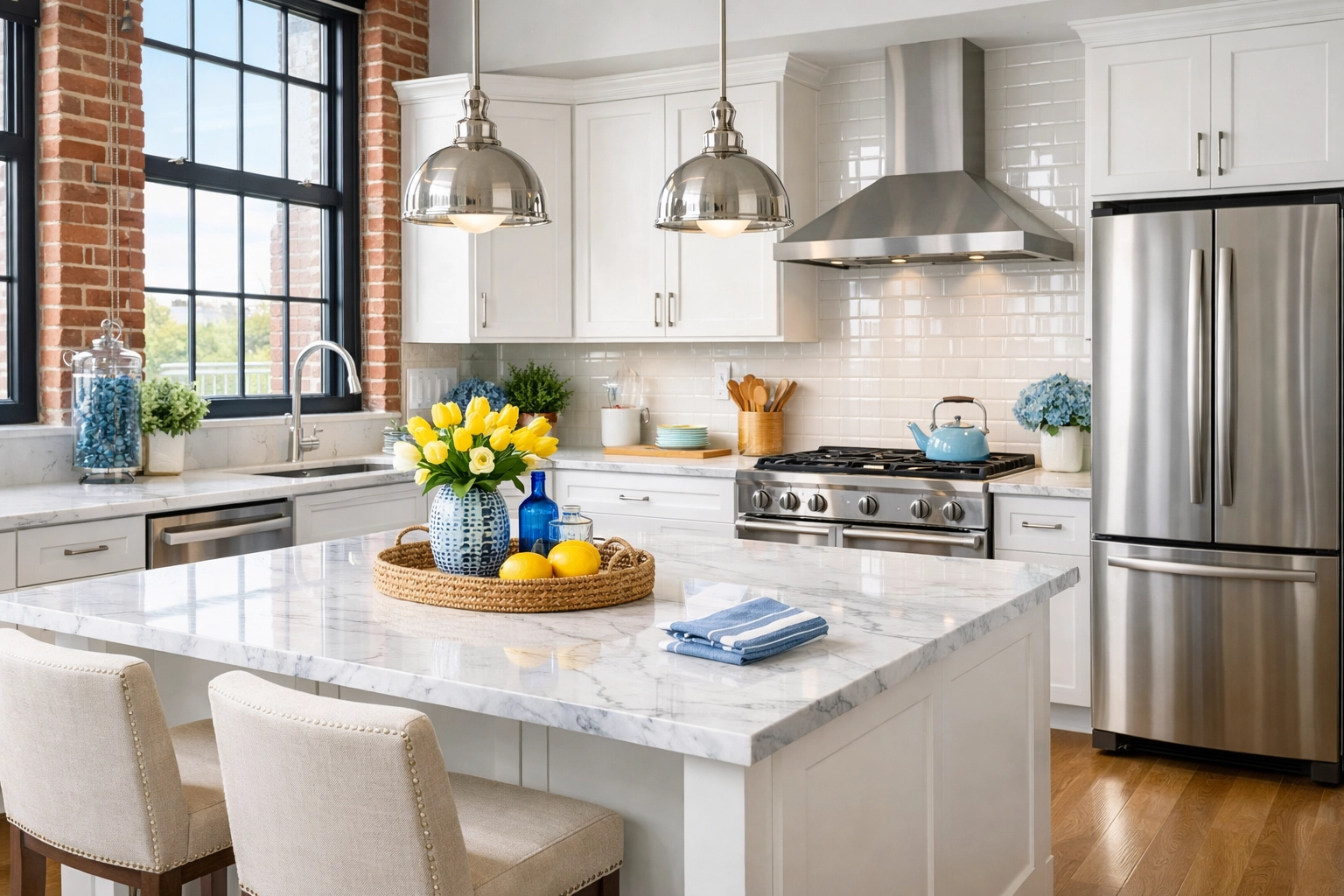 Spotless modern kitchen in a Lowell mill loft after a professional deep cleaning Lowell service.