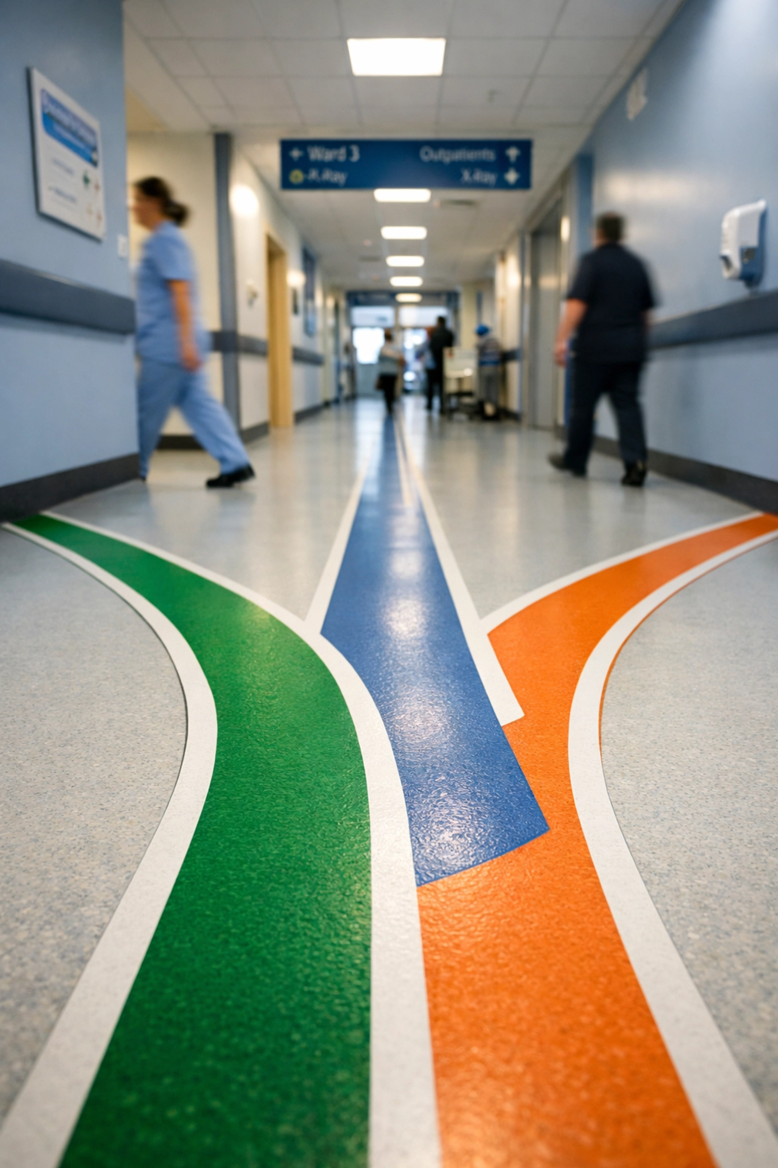 NHS hospital corridor with diverging floor lines representing different respiratory care pathways