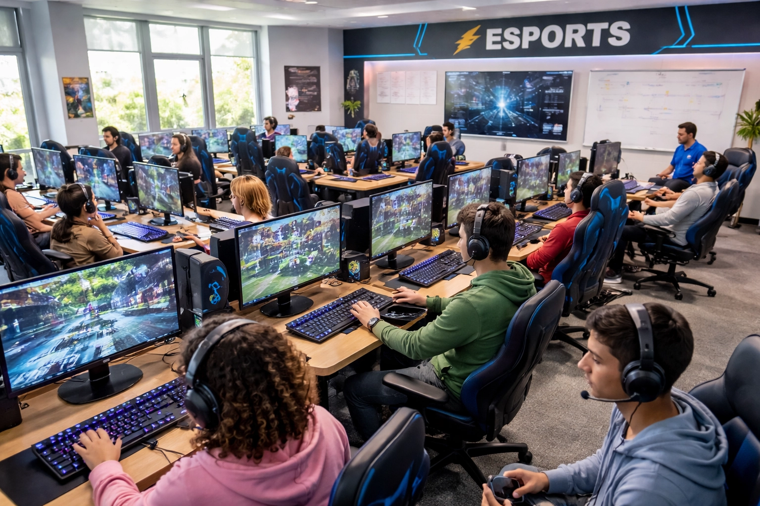 High school students using professional esports pods in a collaborative gaming classroom setting