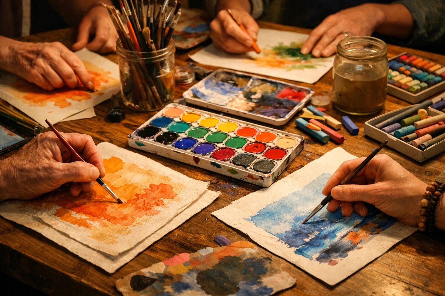 Team members creating art together during collaborative corporate creative workshop