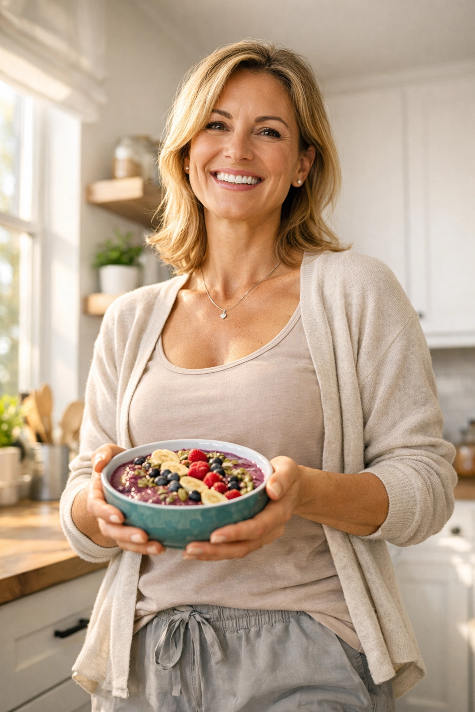 Confident woman over 40 enjoying healthy smoothie bowl after The Metabolic Reset and Weight Loss Program success