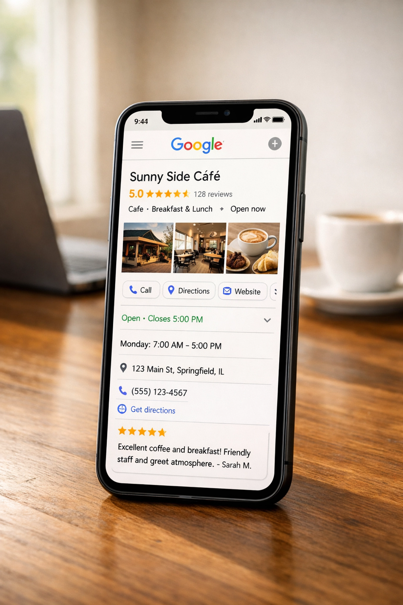 Google Business Profile displayed on smartphone showing local SEO services listing with reviews