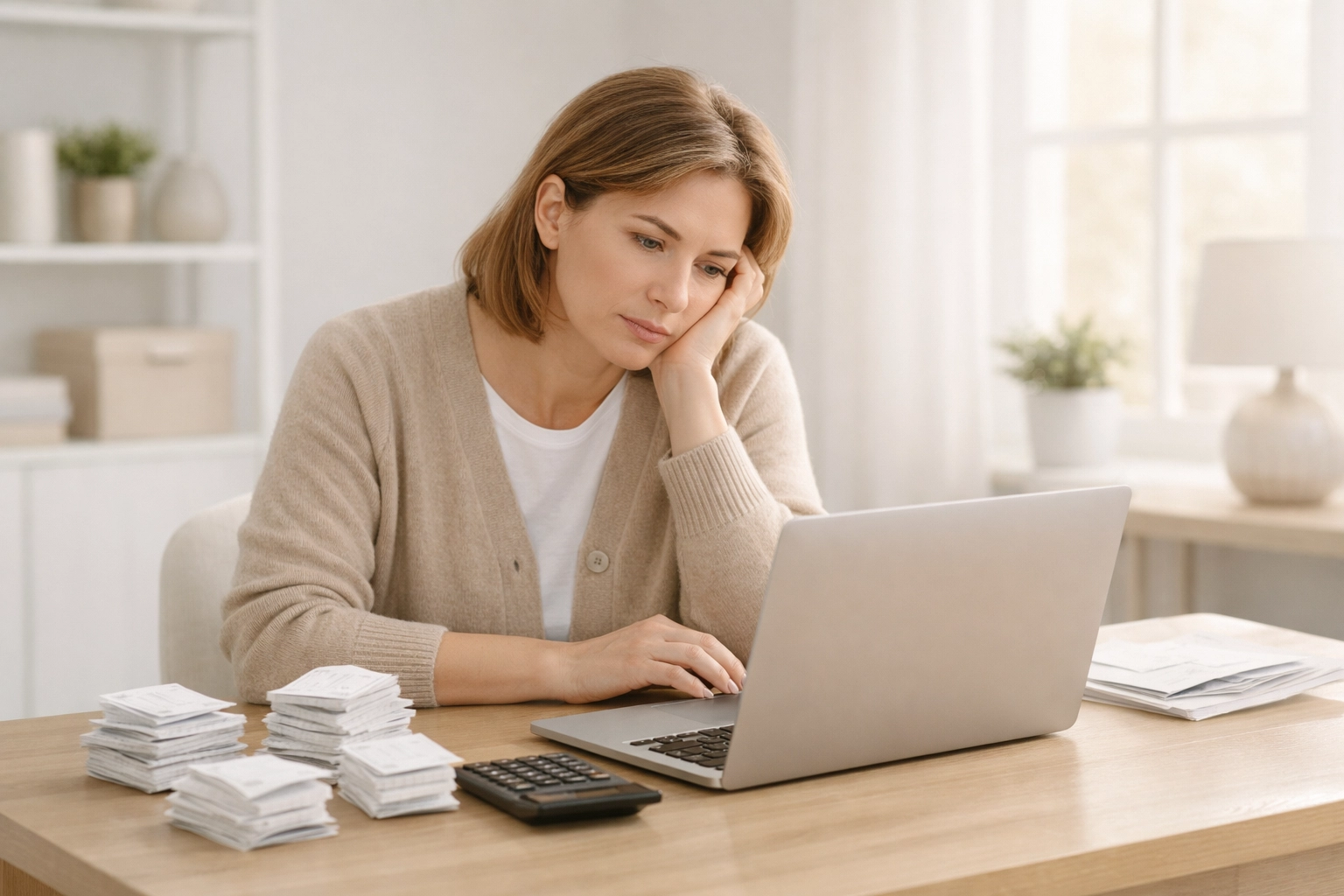 Small business owner managing stressful DIY bookkeeping with stacks of receipts and a calculator.