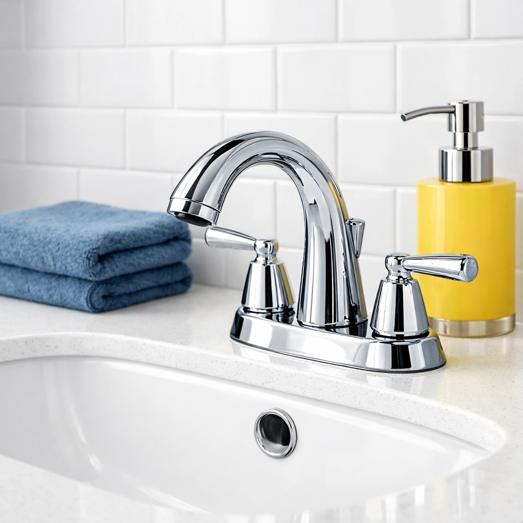 Sparkling clean luxury bathroom vanity and chrome faucet after a deep Boston move-out cleaning service.