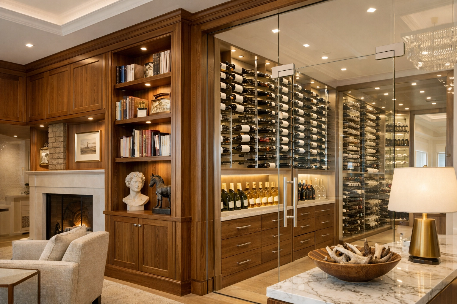 Custom walnut library and wine cellar in a Massachusetts home requiring specialized asset management coverage.