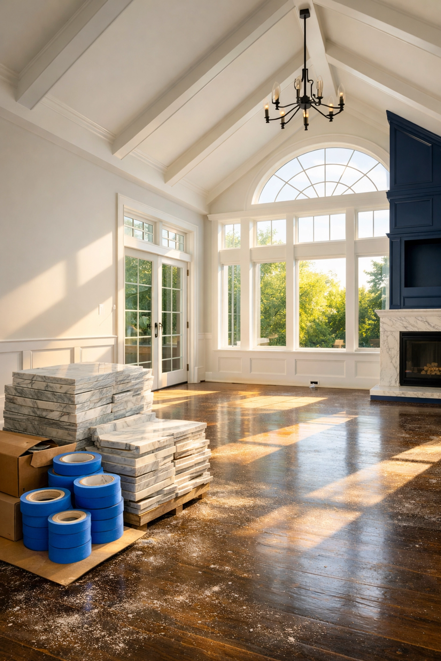 Dusty luxury Massachusetts home interior undergoing the first phase of post-construction cleaning MA.