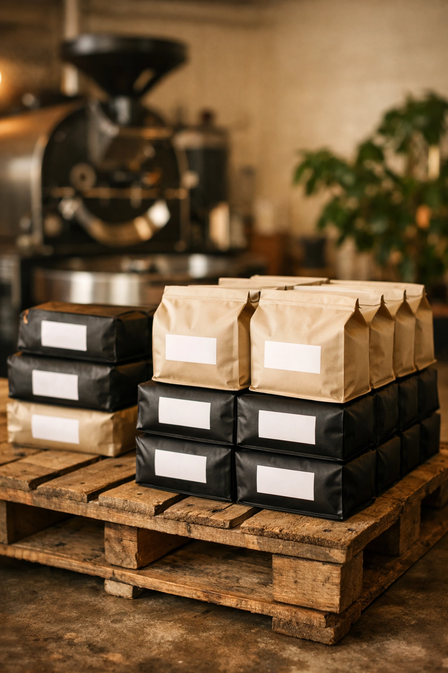 Stacked bags of fresh coffee beans ready for delivery from a reliable wholesale coffee supplier.
