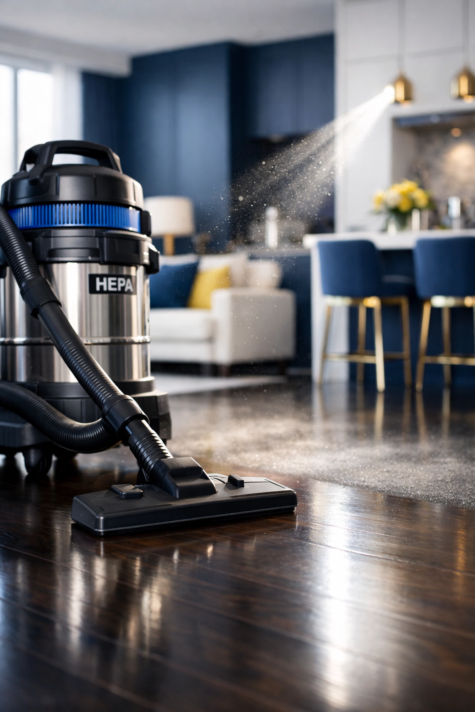 Professional post-construction cleaning in a Boston apartment using a HEPA filter vacuum on hardwood floors.