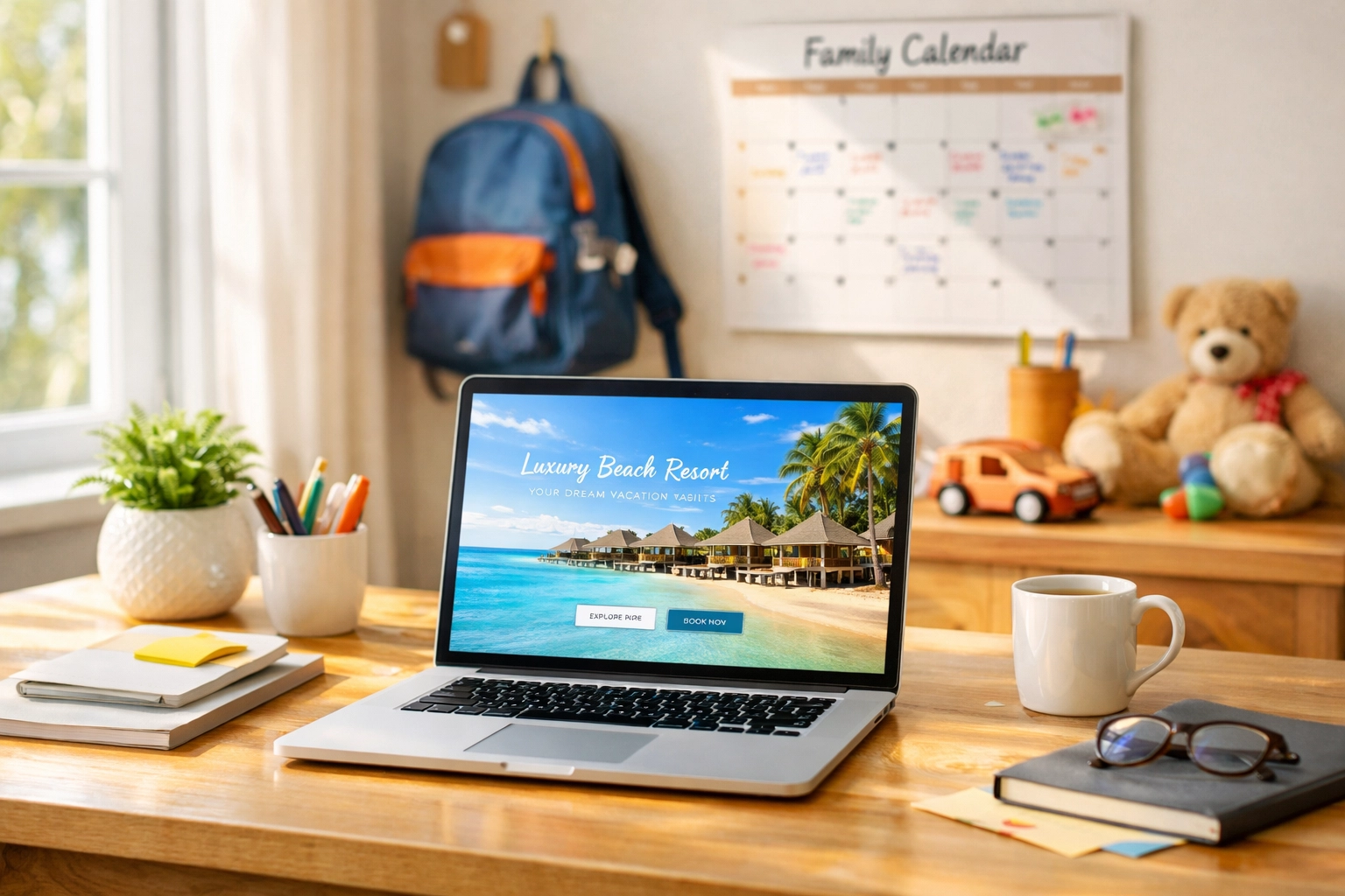Work from home travel advisor workspace with family items showing flexible schedule balance