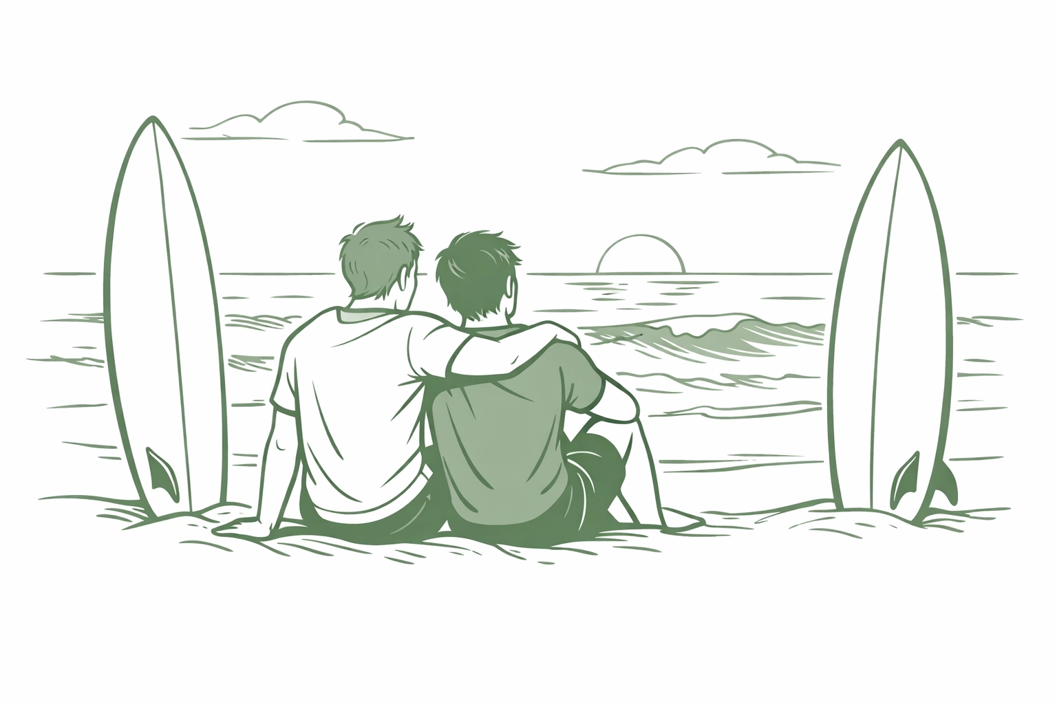 Two male surfers share intimate moment on Gold Coast beach at sunset - gay romance