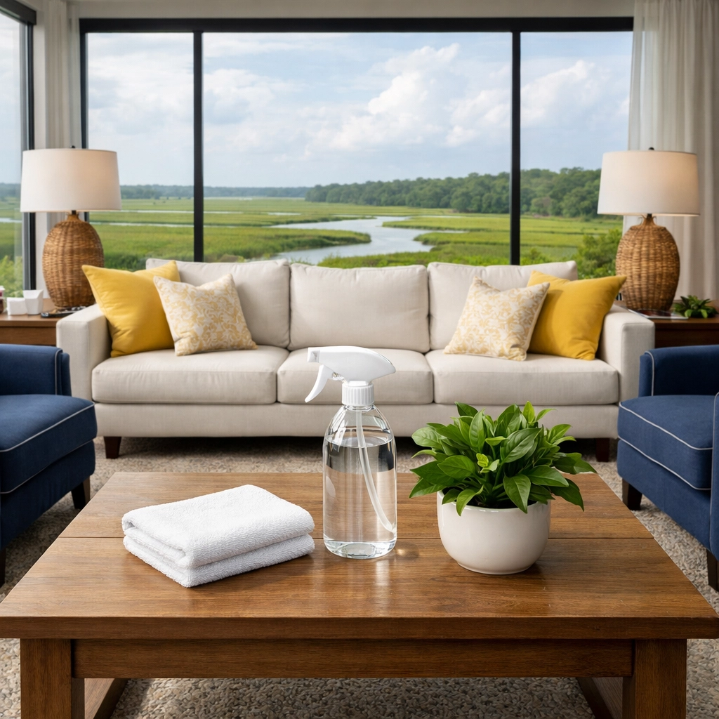Eco-friendly house cleaning in a coastal living room with non-toxic products in Sandwich, MA.