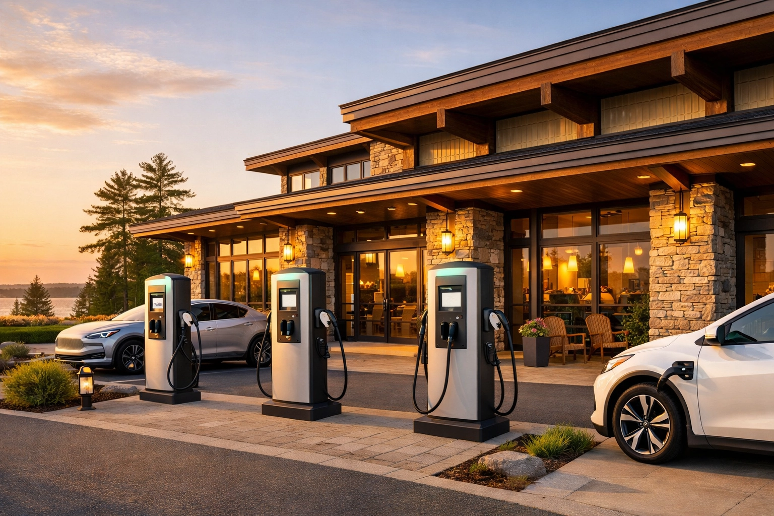 Multiple commercial EV chargers installed at a high-end Maine property to enhance building value.