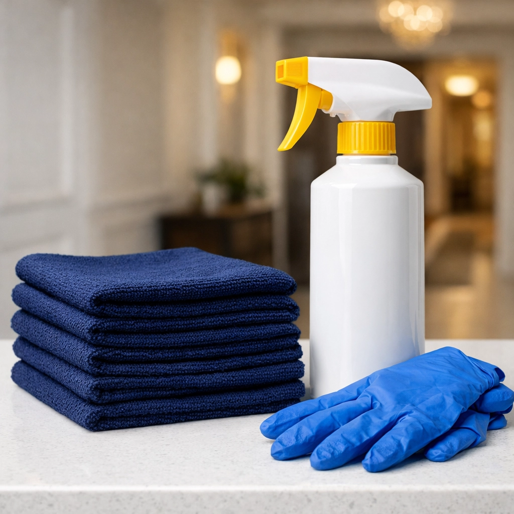 Professional house cleaning supplies and microfiber cloths used for apartment cleaning Milford.
