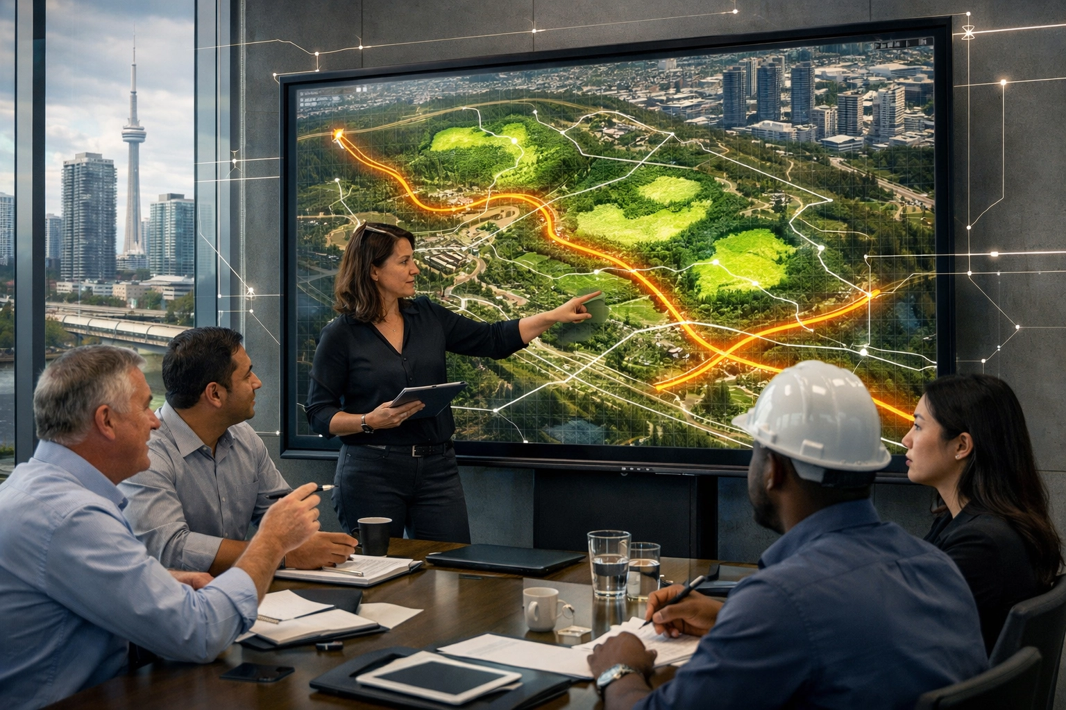 Ontario engineers and planners collaborating on digital site plans to speed up regulatory approvals.