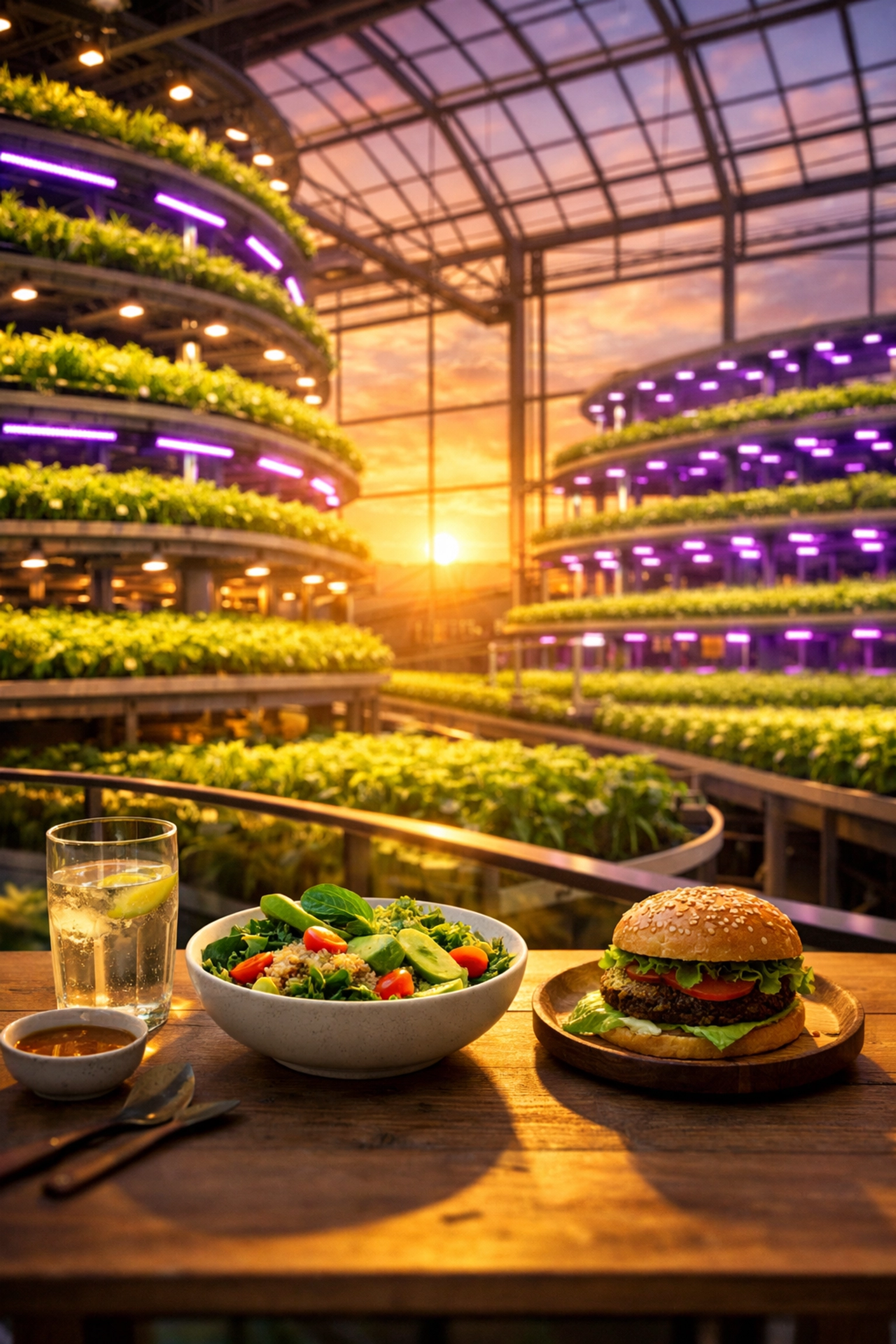 A sustainable vertical farm interior featuring fresh crops and a plant-based meal.