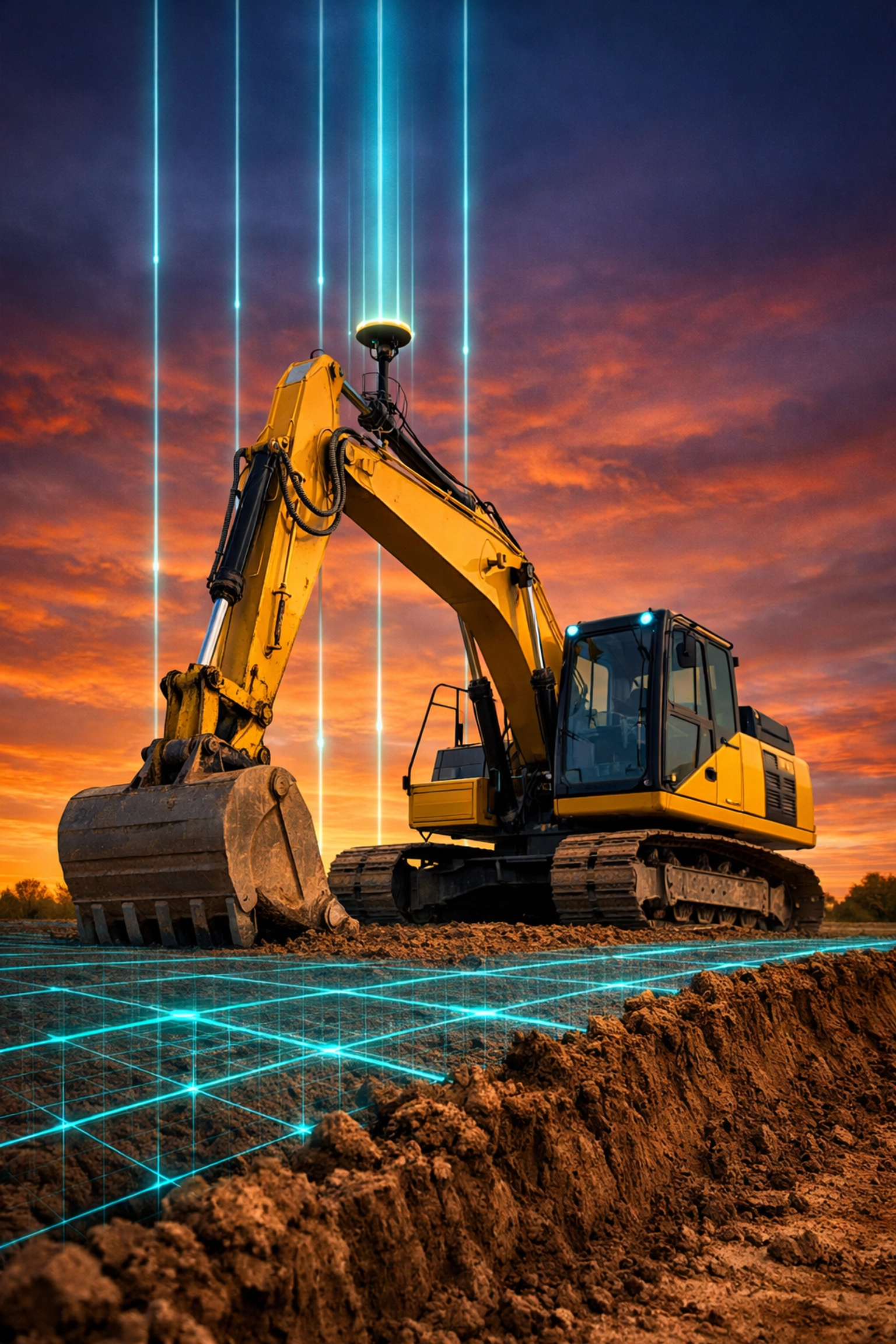 Yellow excavator at a construction site using precision GPS grading for millimeter-level accuracy.