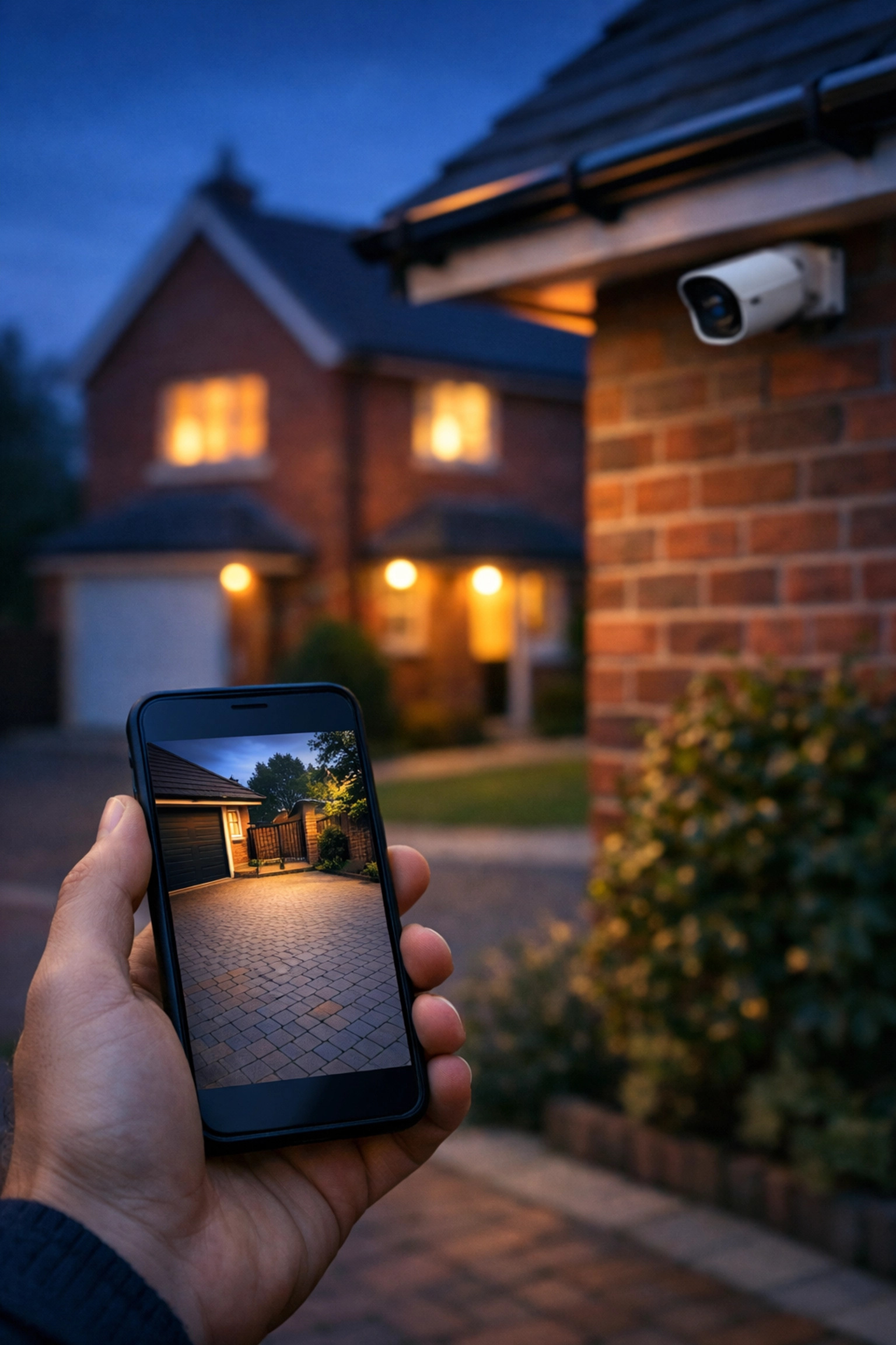Homeowner using a smartphone app to view live 4K CCTV footage of their Worcester property at dusk.