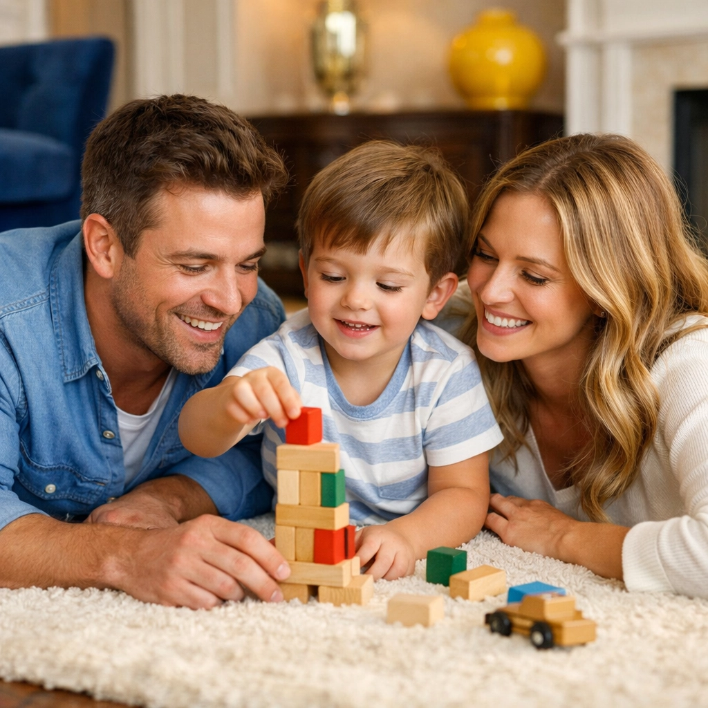 Happy family playing on a clean rug, showing the benefits of weekly house cleaning in Lincoln.
