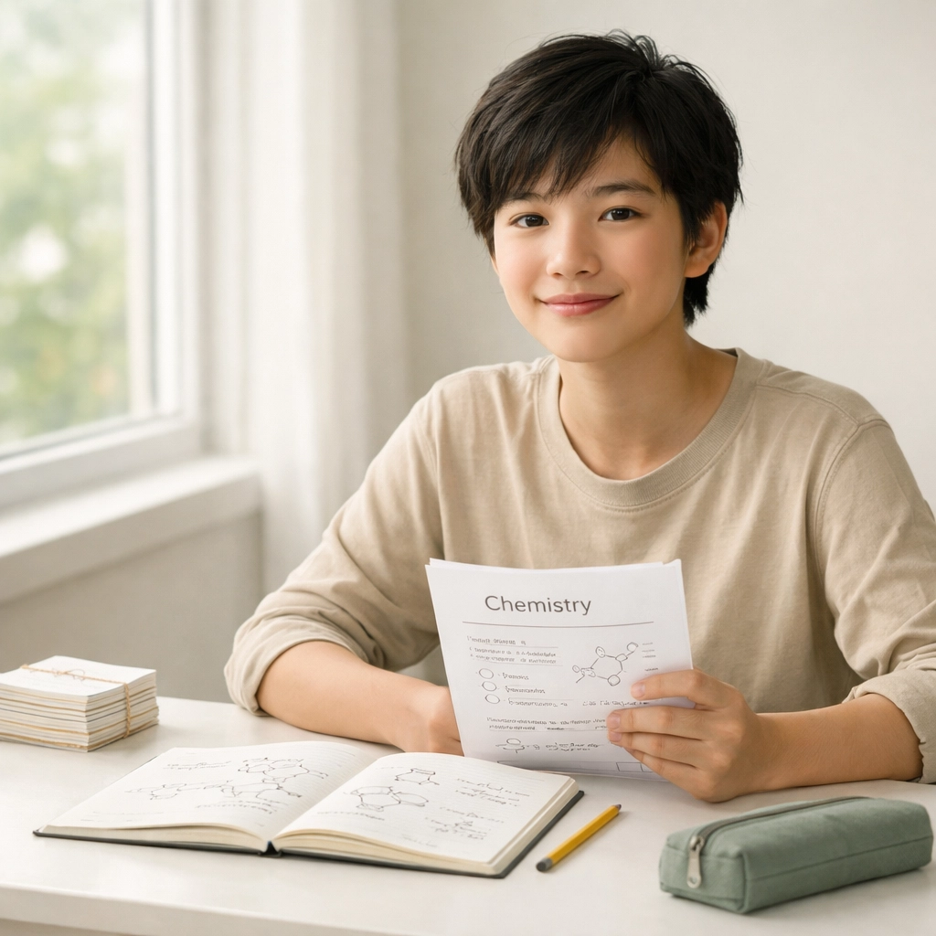 Confident A-Level Chemistry student studying with organized materials and clear understanding