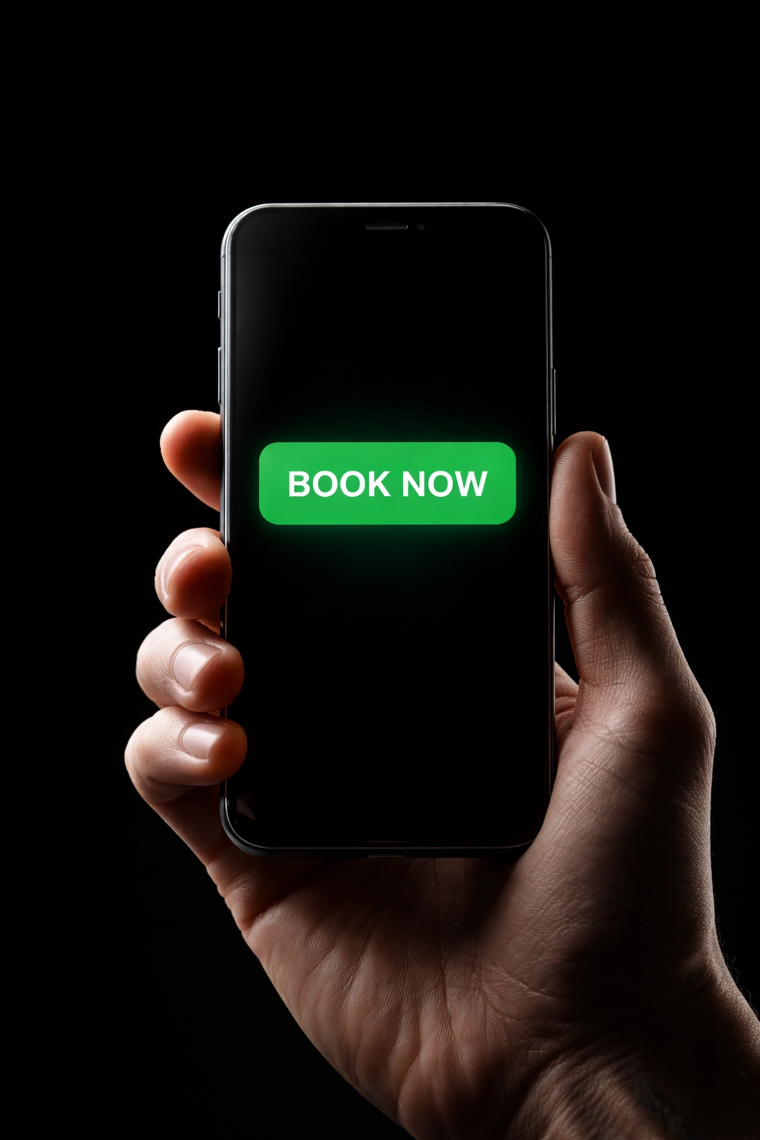 Hand holding a smartphone with green Book Now button, emphasizing effective mortgage broker call-to-action design.