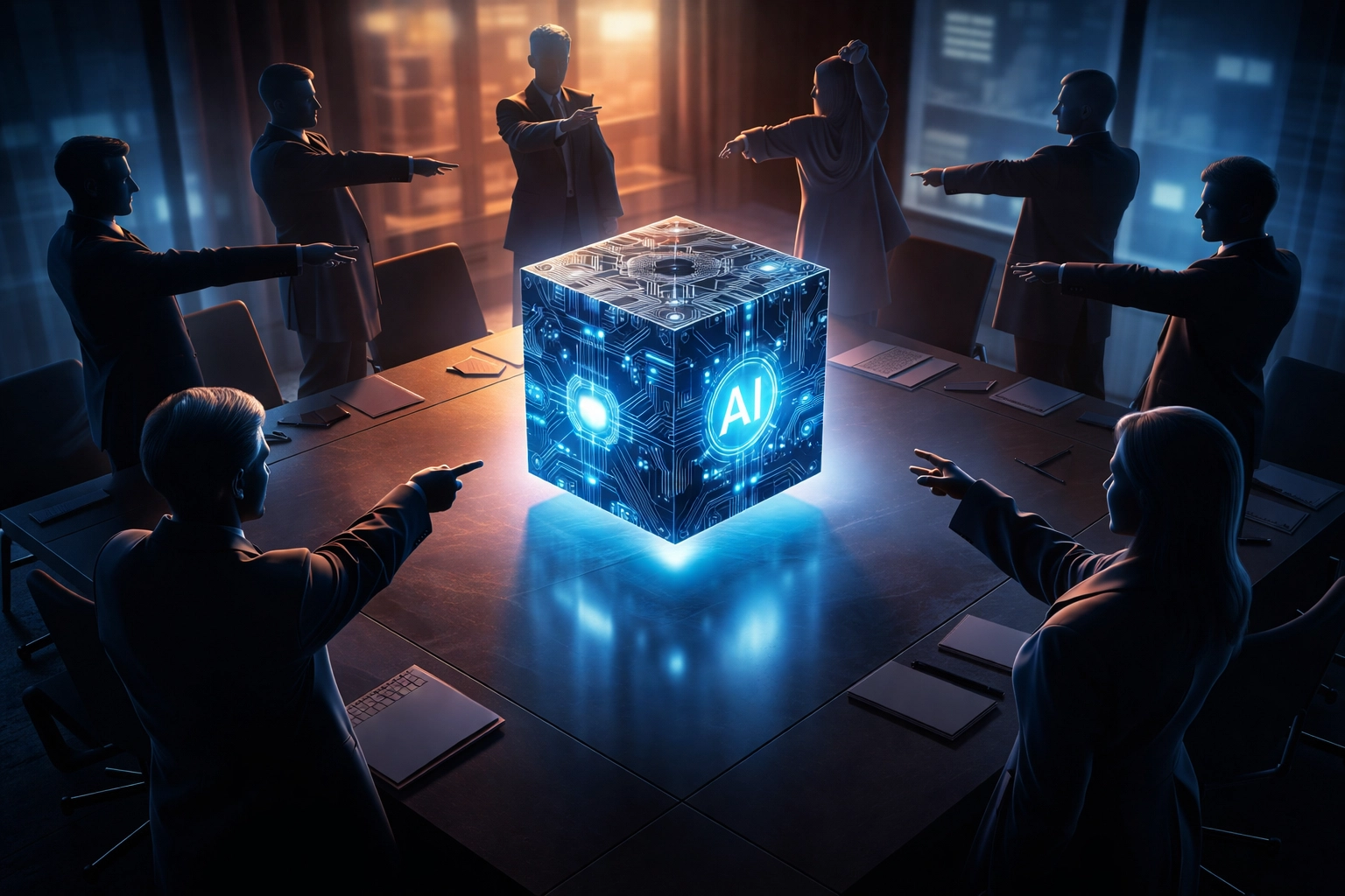 Corporate boardroom scene showing an AI system surrounded by people illustrating unclear AI governance ownership