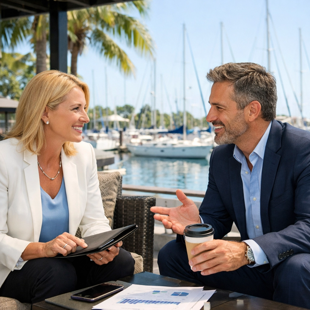 Experienced realtors in Cape Coral networking about off-market home opportunities by a marina.