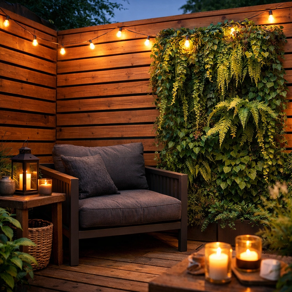 Private outdoor sanctuary featuring a timber privacy screen and living wall in South Wales.