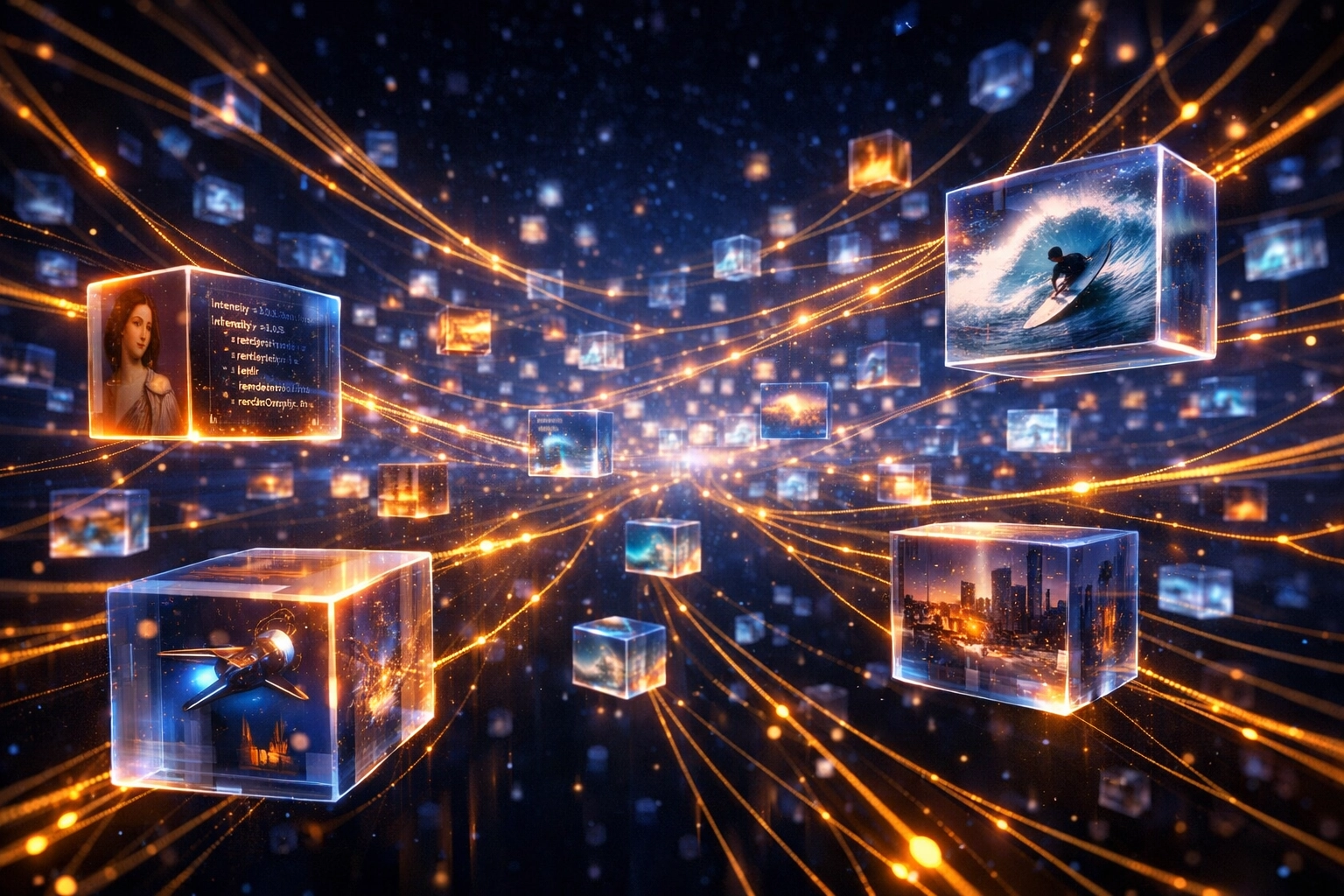 Digital visualization of an AI-driven social media recommendation engine mapping user interests.