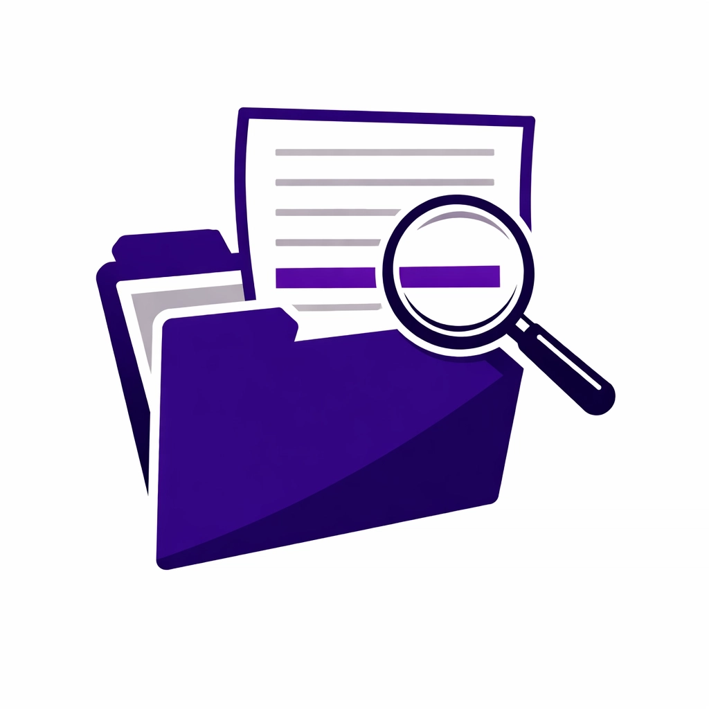 Minimalist purple folder and magnifying glass illustrating human validation for audit-ready bookkeeping.