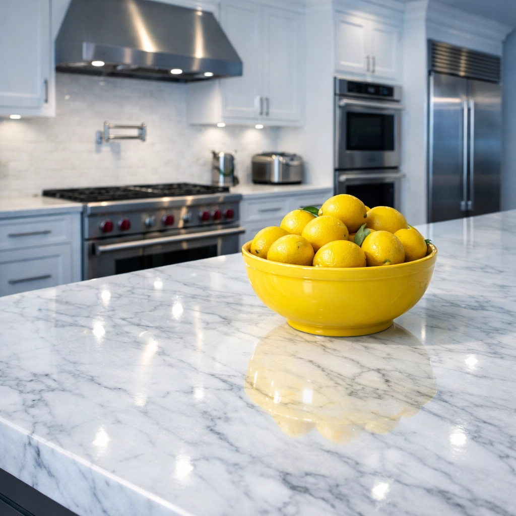 Polished Carrara marble kitchen island cleaned with eco-friendly Luxury House Cleaning Weston MA methods.