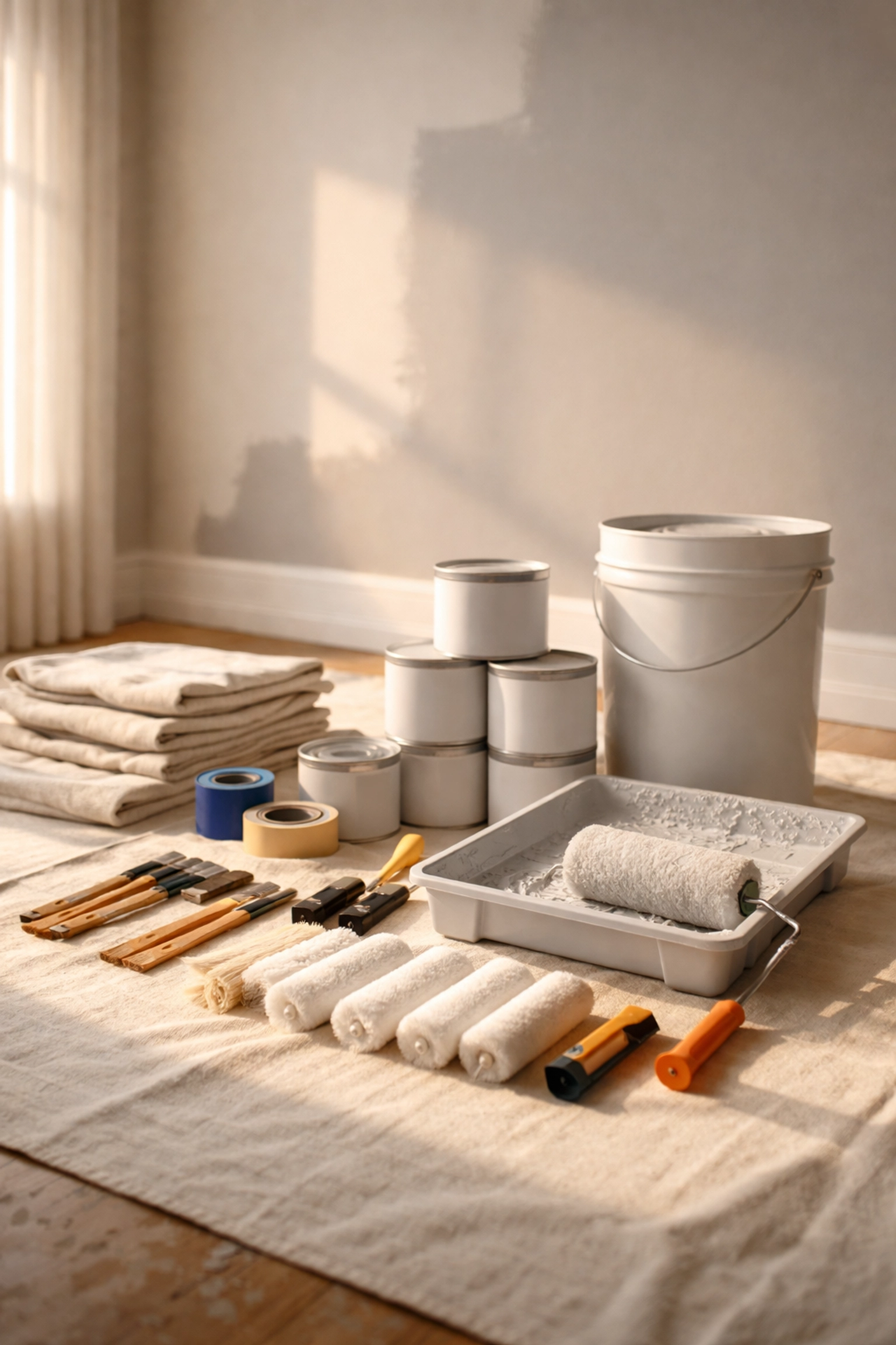 Organized painting job site in an Indianapolis apartment, showcasing professional tools and clean workspace