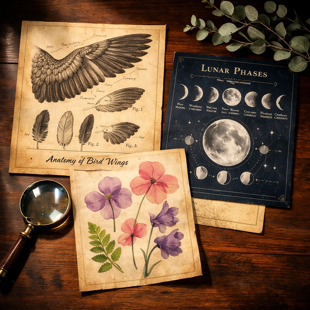 Vintage botanical printable wall art collection with scientific illustrations, pressed flowers, and lunar phase charts