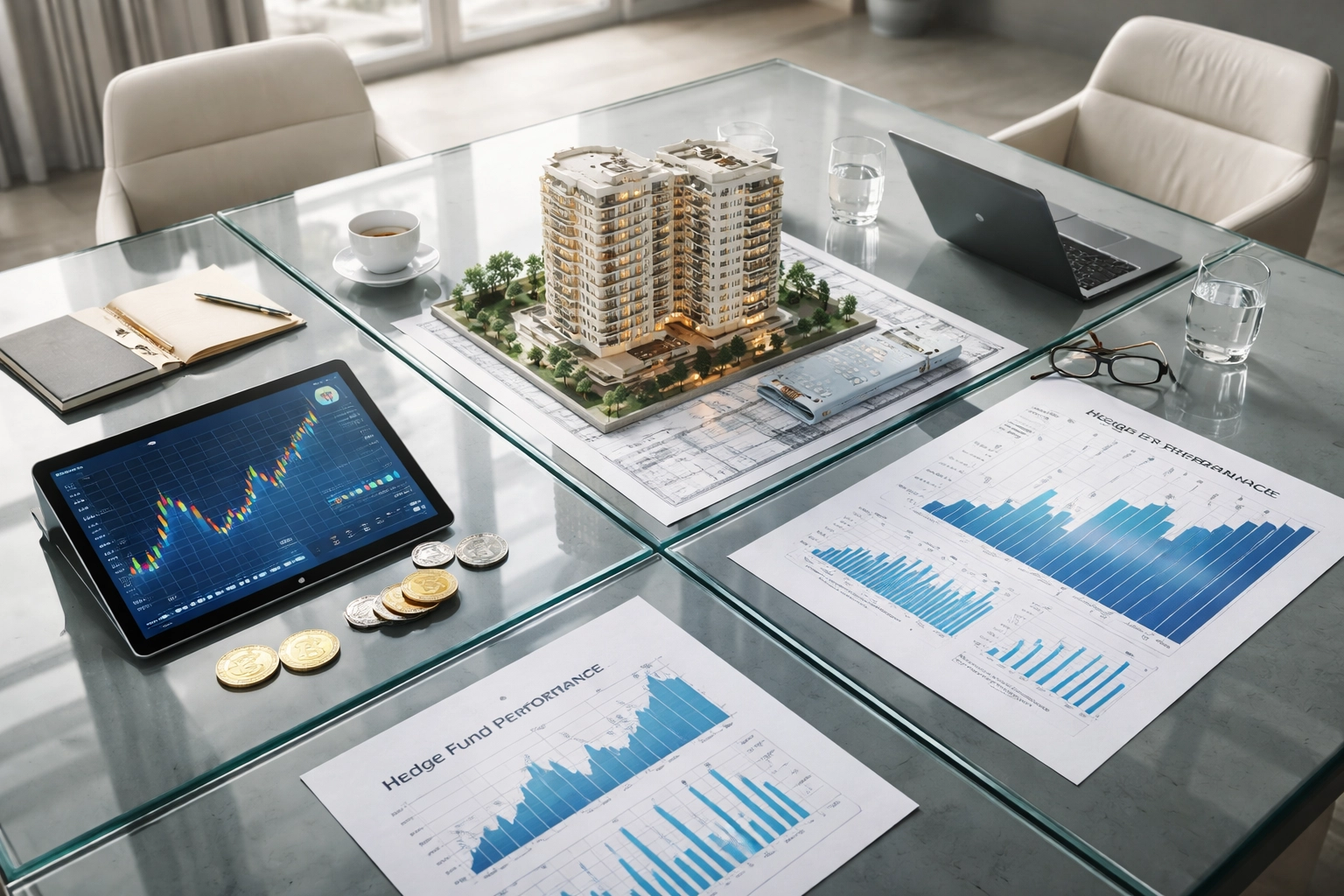 Modern glass table displaying crypto charts, real estate models, and hedge fund graphs, representing portfolio diversification.