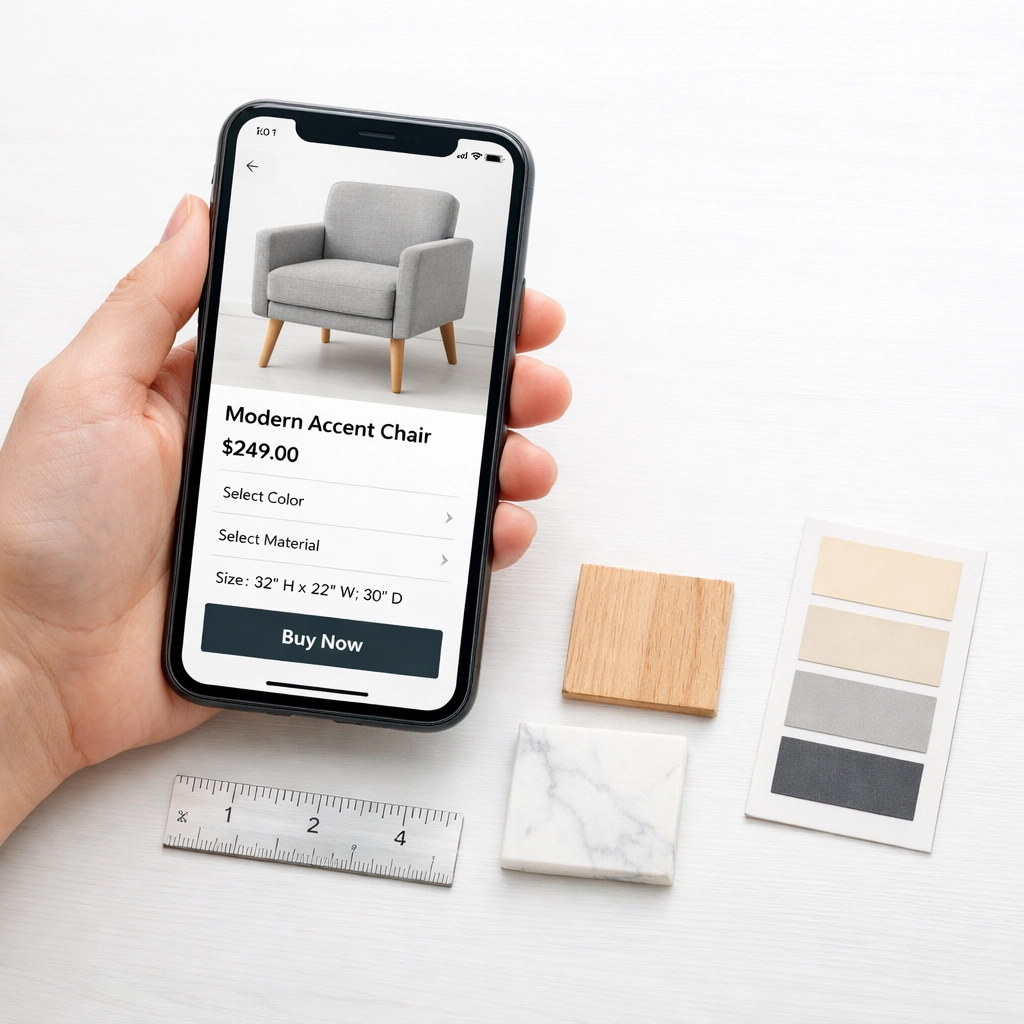 Ecommerce product page attributes including dimensions, materials, and specifications for AI visibility
