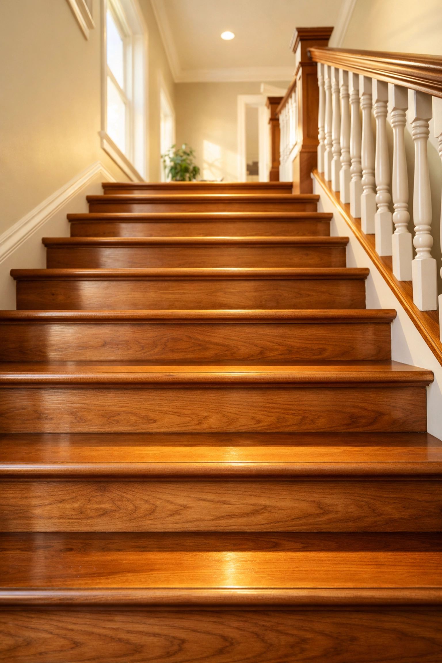 Safe wooden staircase with uniform step height and depth to prevent trips and falls.