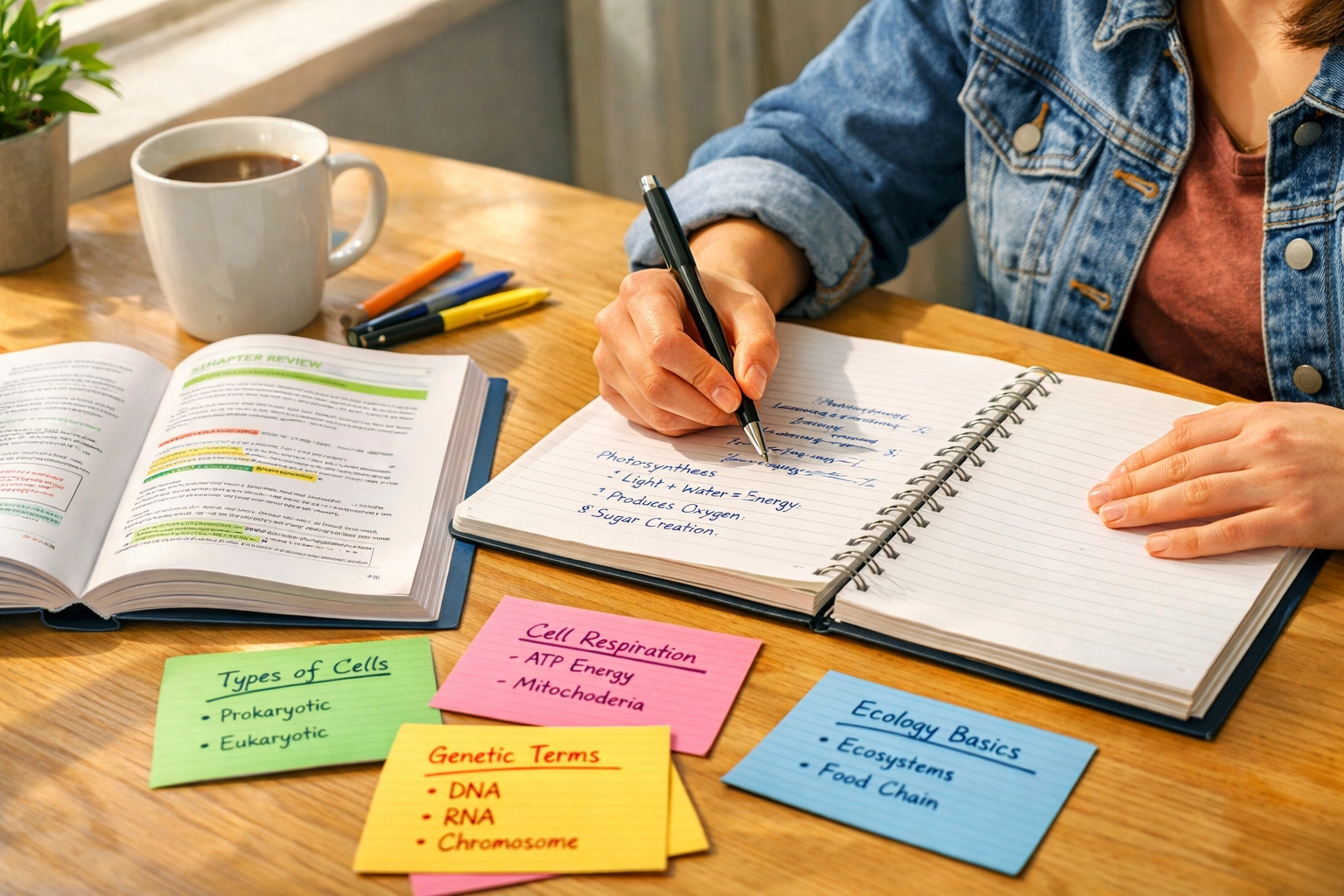 Student taking handwritten notes from CLEP study guide with flashcards on desk