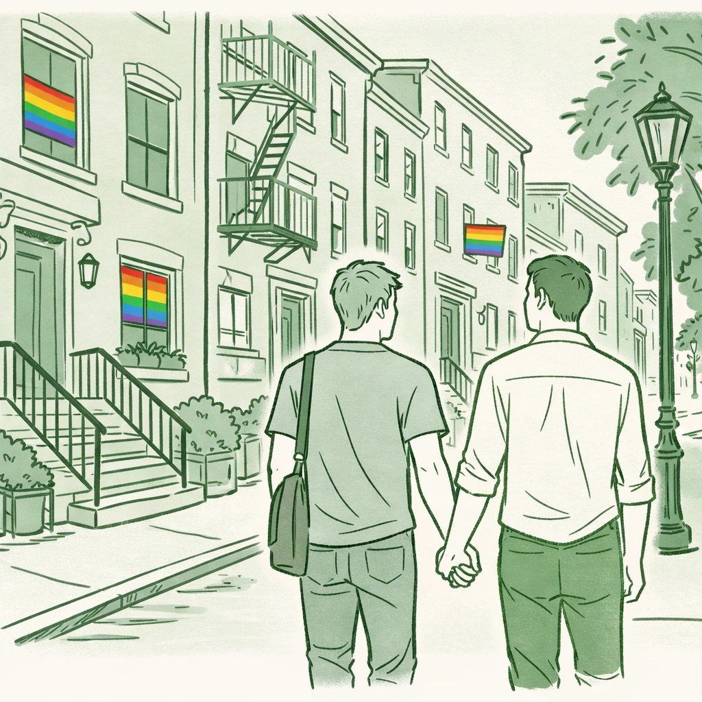 Gay couple holding hands in Greenwich Village NYC with historic brownstones and rainbow flags