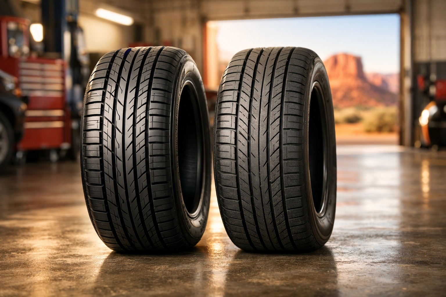 Comparing a new tire vs. a high-quality used tire at a shop in Holbrook, AZ.