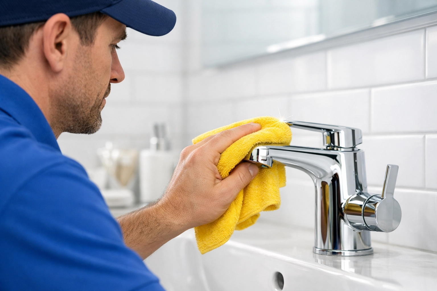 A cleaning expert polishing a chrome bathroom faucet during a house cleaning Westborough appointment.