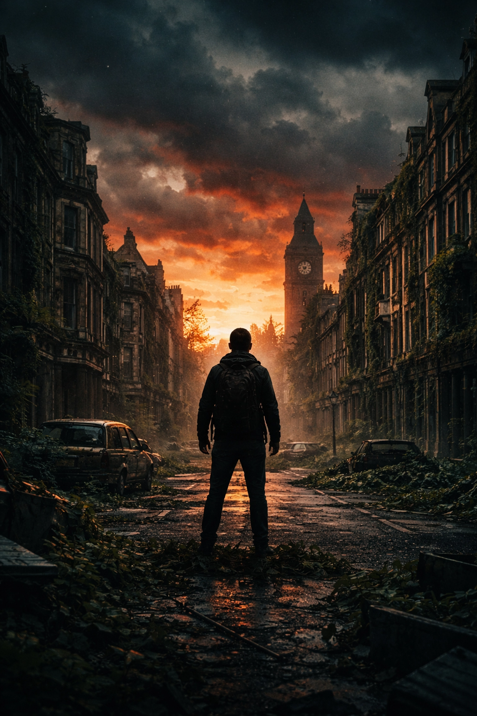 Abandoned British cityscape at dusk with a lone figure, inspired by 28 Years Later and UK horror movie vibes